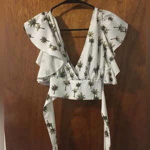 Foliage Print Tie Back Crop Blouse